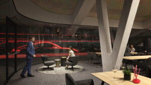 Geplante Porsche Tunnel Club Lounge in der MHP Arena (Foto: Porsche AG)
