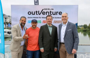 Messe Berlin: Neue Dachmarke für Boots- und Freizeitmessen Daniel Barkowski (Projektleiter, OutVenture Berlin), Thomas Ludwig (Content Creator und Reiseblogger, Fravely), Christian Woronka (Geschäftsführer, TMB Tourismus-Marketing Brandenburg), Dirk Hoffmann (COO, Messe Berlin) (von links, Foto: Messe Berlin)