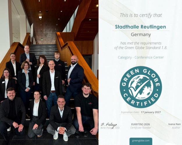 Stadthalle Reutlingen behält Green-Globe-Platin (Foto: Stadthalle Reutlingen) Stadthalle Reutlingen behält Green-Globe-Platin (Foto: Stadthalle Reutlingen)