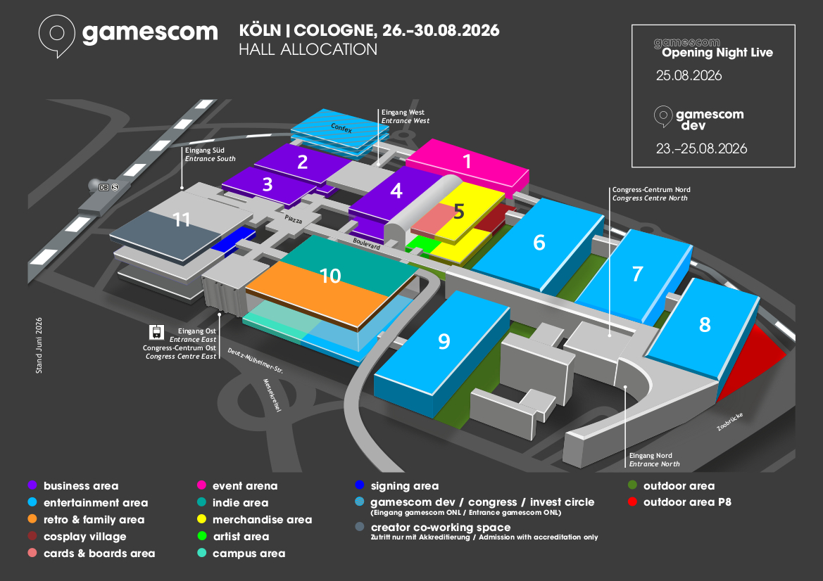 Hallenplan der gamescom 2026 (Grafik: Koelnmesse) Hallenplan der gamescom 2026 (Grafik: Koelnmesse)