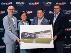 Story Hall: D.Live eröffnet neuen Veranstaltungsort Michael Brill, Miriam Koch (Stadt Düsseldorf), Malte Fiebing-Petersen (Deutscher Titanic-Verein 1997), Oliver Forster (Geschäftsführer COFO Entertainment) (von links, Foto: D.Live/Kenny Beele)